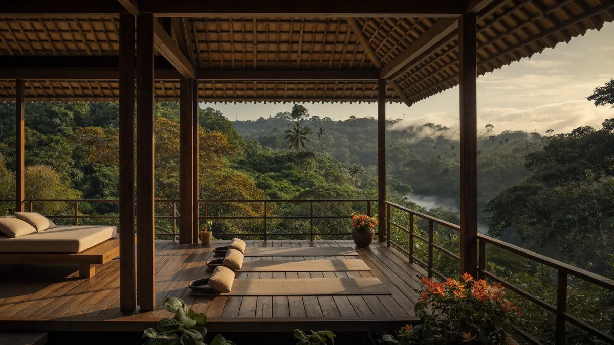 Tropical Bali wellness retreat pavilion overlooking the jungle