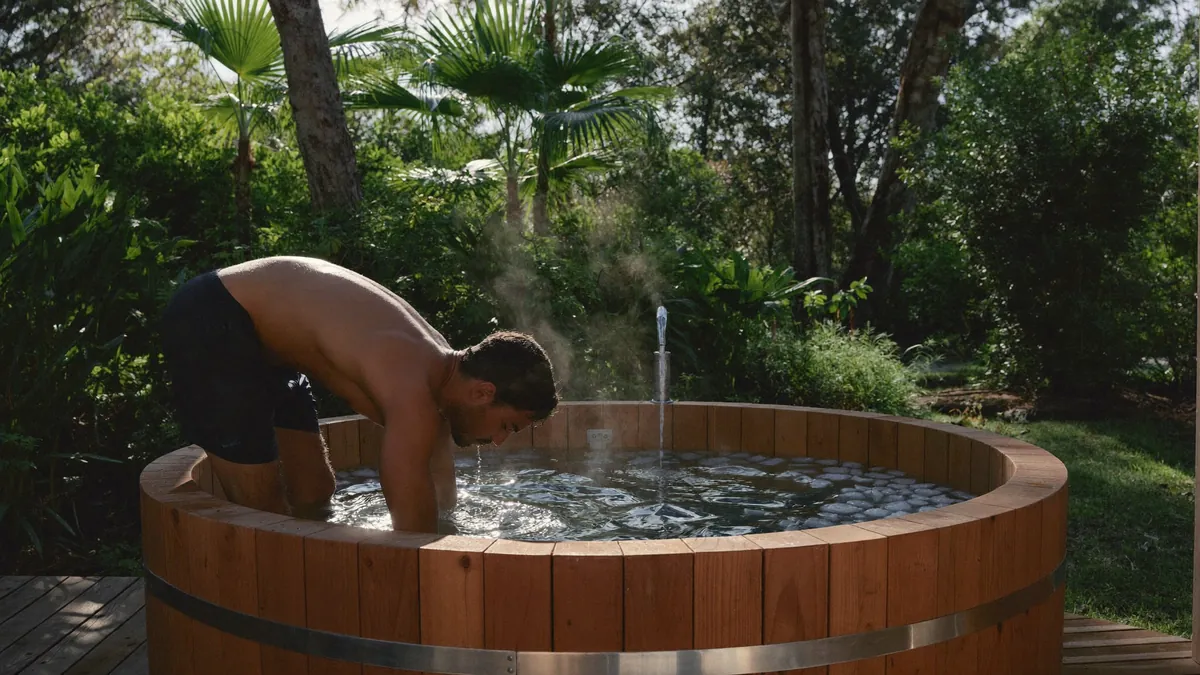 Man entering a cedar ice bath tub in a tropical garden