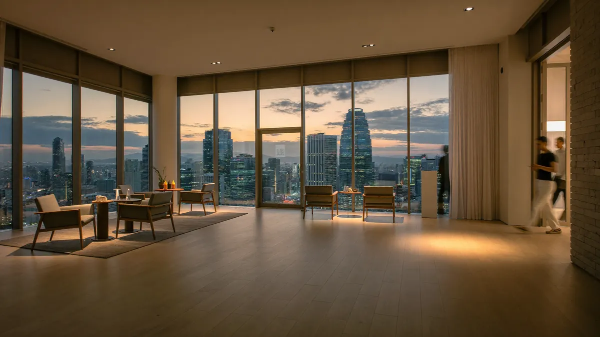 Executive health clinic lounge overlooking the Jakarta skyline