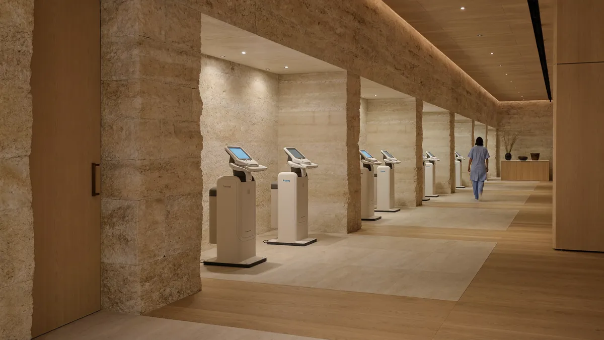 Longevity clinic corridor with modern diagnostic equipment