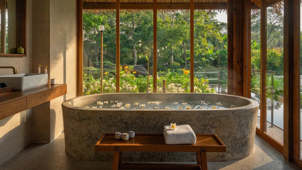 Luxury spa treatment room with stone bath in Bali