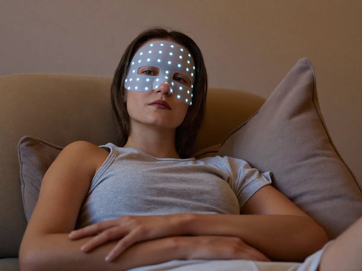 HigherDOSE Red Light Face Mask in use with a client in a modern Indonesian wellness clinic